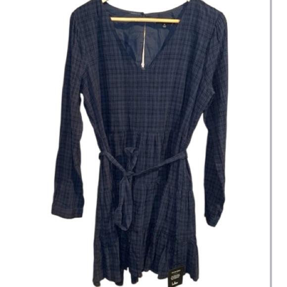 Lulus Plaid Dress lined v neck navy keyhole sash long sleeve NEW size XL - Picture 1 of 5